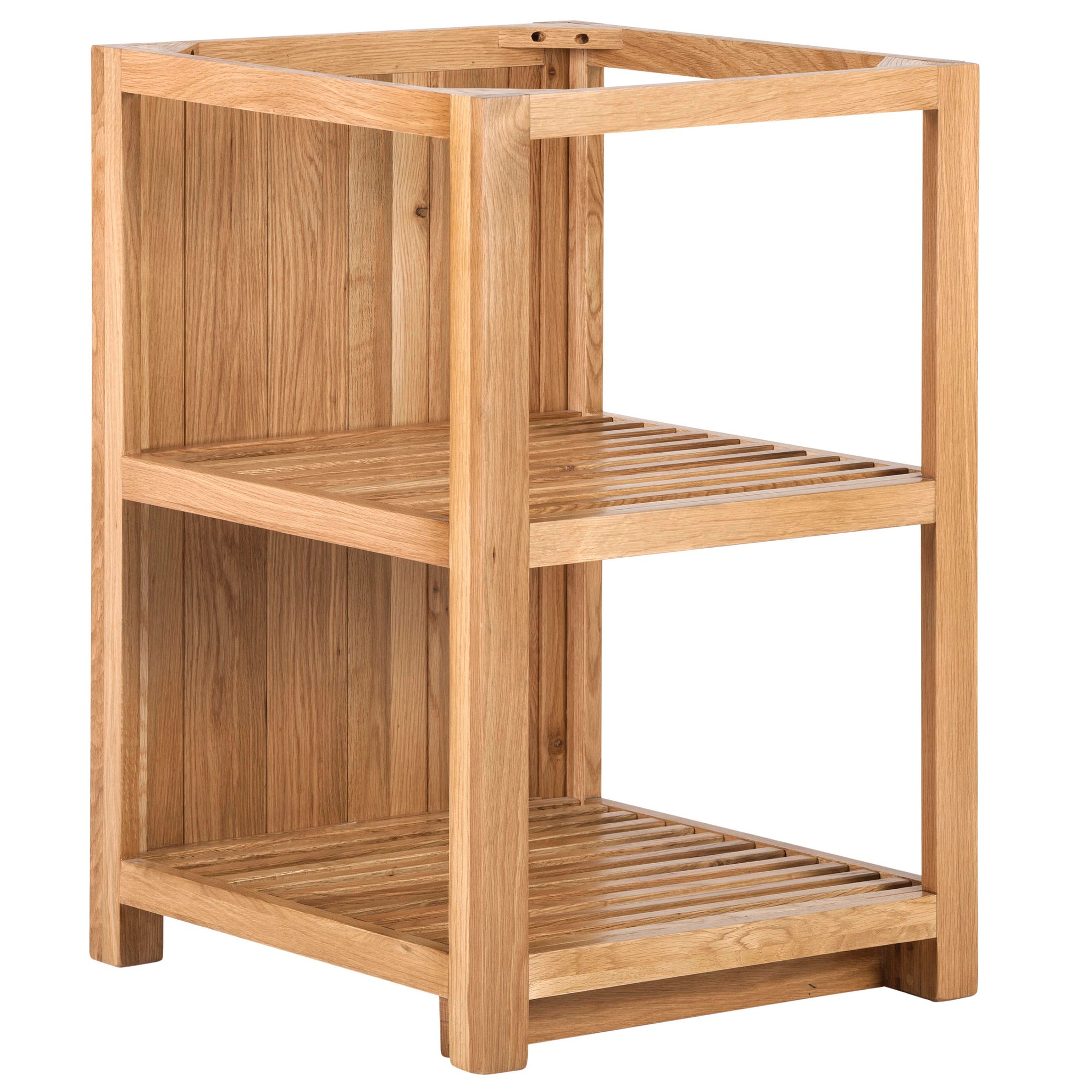 Small Open Slatted Oak Shelf Cabinet with Back Panel
